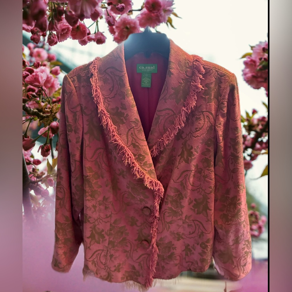 Women's Pink and Green Fringed Blazer cozy